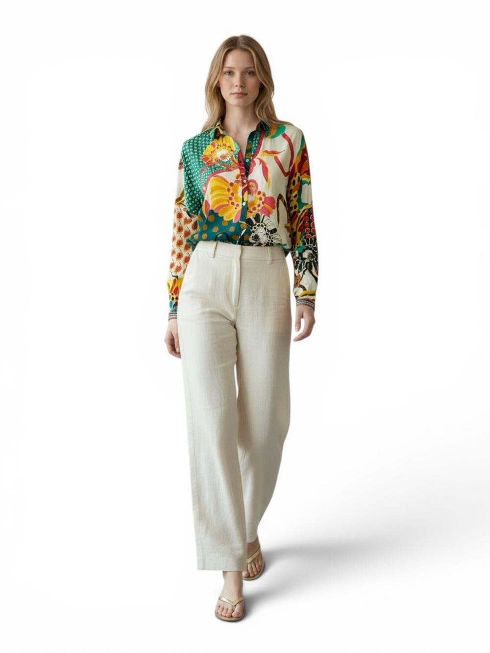 Johnny Was XS Silk Blend Boho Floral Blouse Multicolor Mixed Print Tunic Top